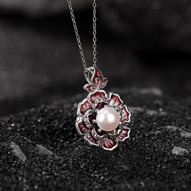 Collier de perles en argent sterling 999 avec pendentif en forme de fleur de pivoine pour la guérison
