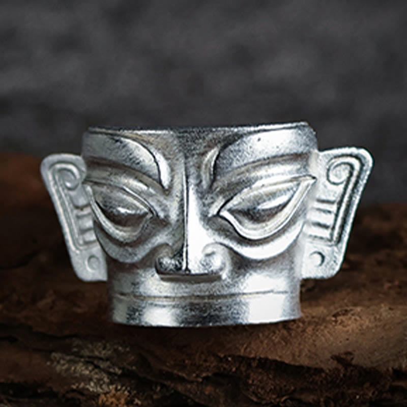Bague masque Sanxingdui en argent sterling 999