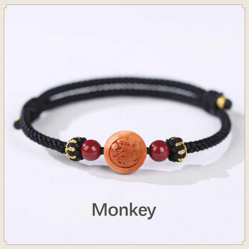 Bracelet de richesse en bois de pêcher naturel avec symbole du zodiaque chinois Fu et cinabre
