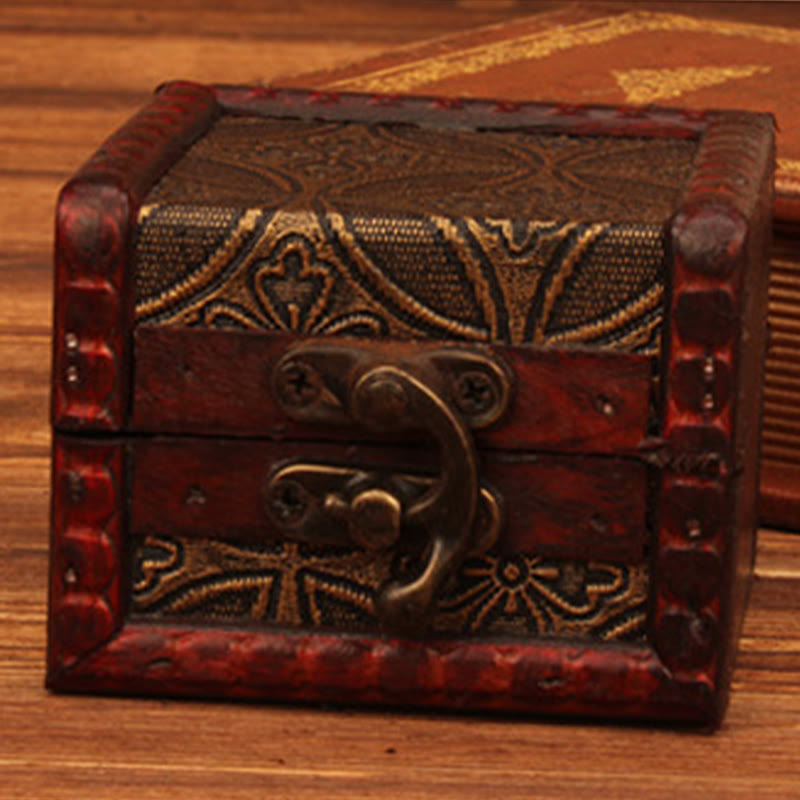 Retro Small Square Wood Jewelry Box with Lotus Design