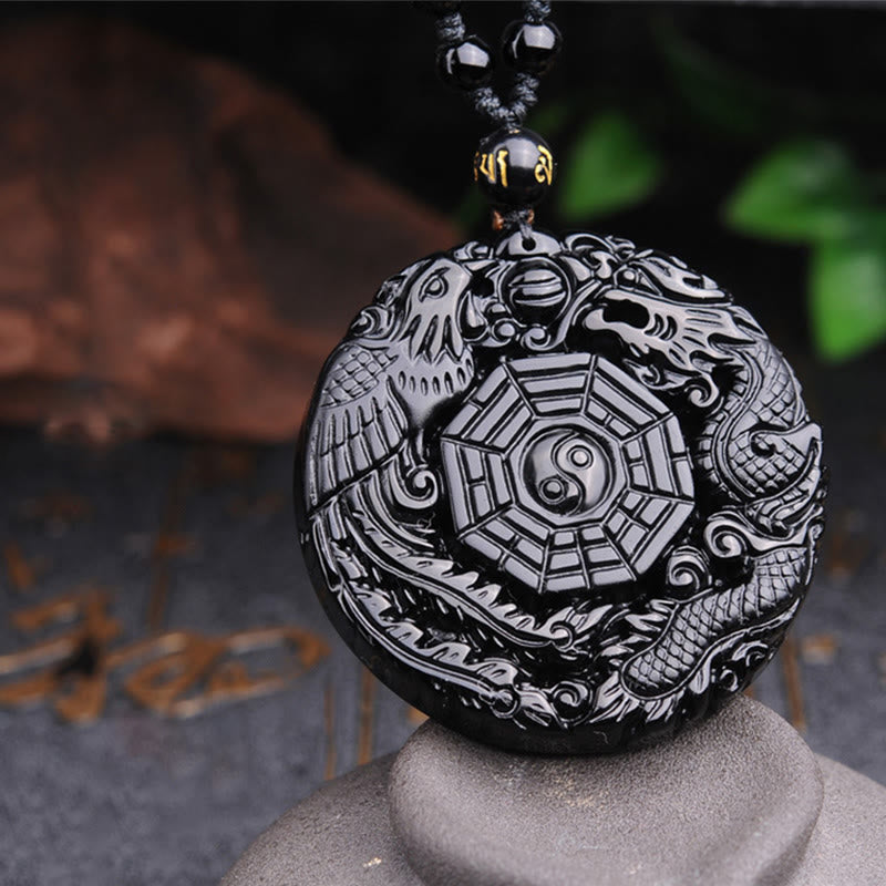 Collier pendentif en obsidienne Bagua Dragon Phoenix Accomplissement