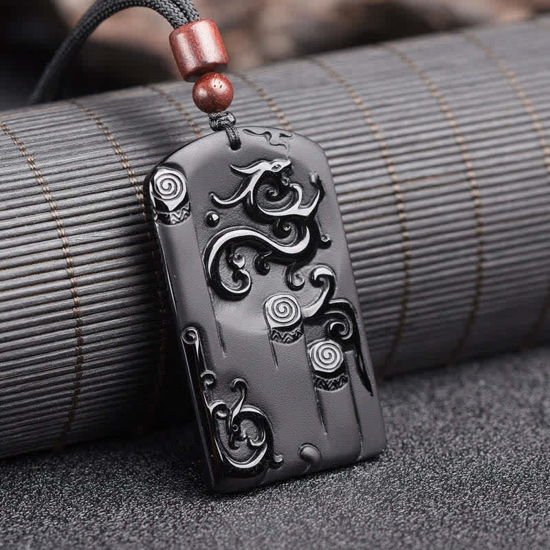 Black Obsidian Dragon Phoenix Necklace for Success & Protection
