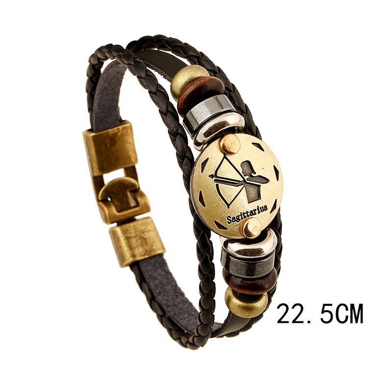 Bracelet à breloques en cuir hématite avec 12 constellations du zodiaque