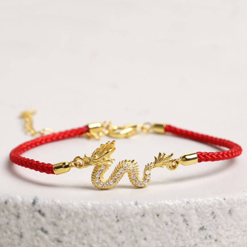 Unisex 925 Sterling Silver Dragon Bracelet with Red Rope & Gold Charm
