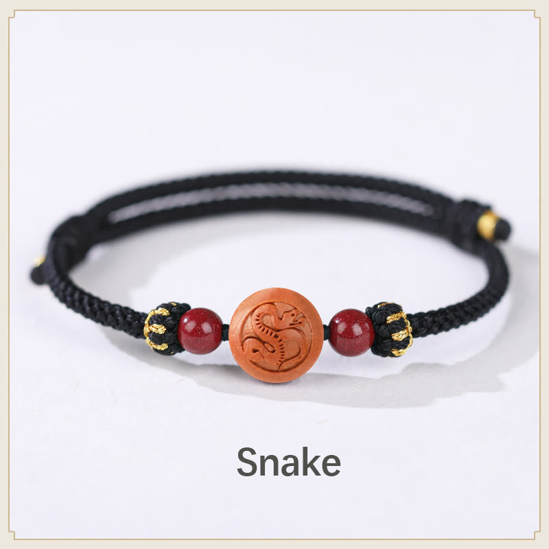 Bracelet de richesse en bois de pêcher naturel avec symbole du zodiaque chinois Fu et cinabre