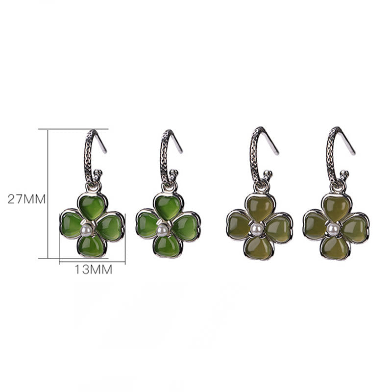 Boucles d'oreilles porte-bonheur en argent sterling 925 et jade cyan, trèfle à quatre feuilles