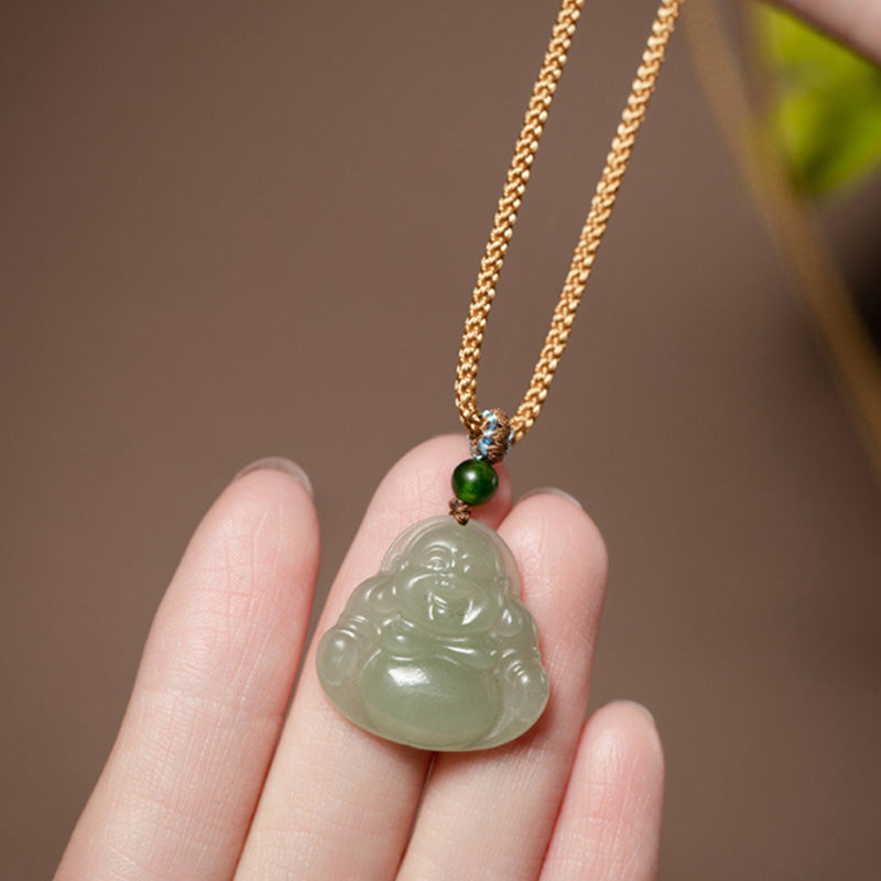 Collier de prospérité en jade et lotus du Bouddha rieur