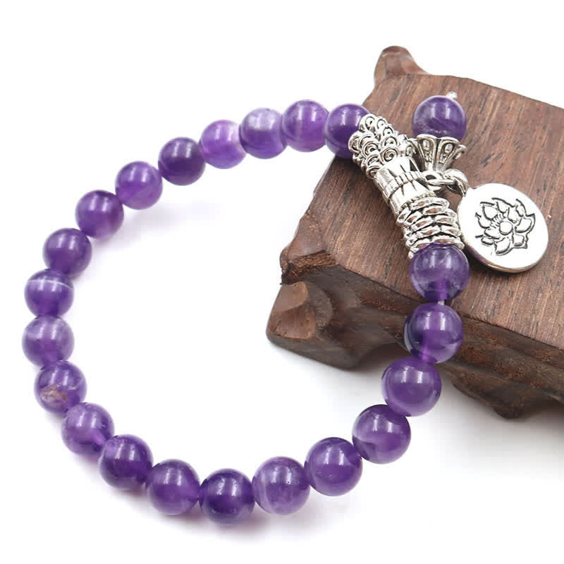 8mm Amethyst Healing Balance Bracelet with Lotus Symbol