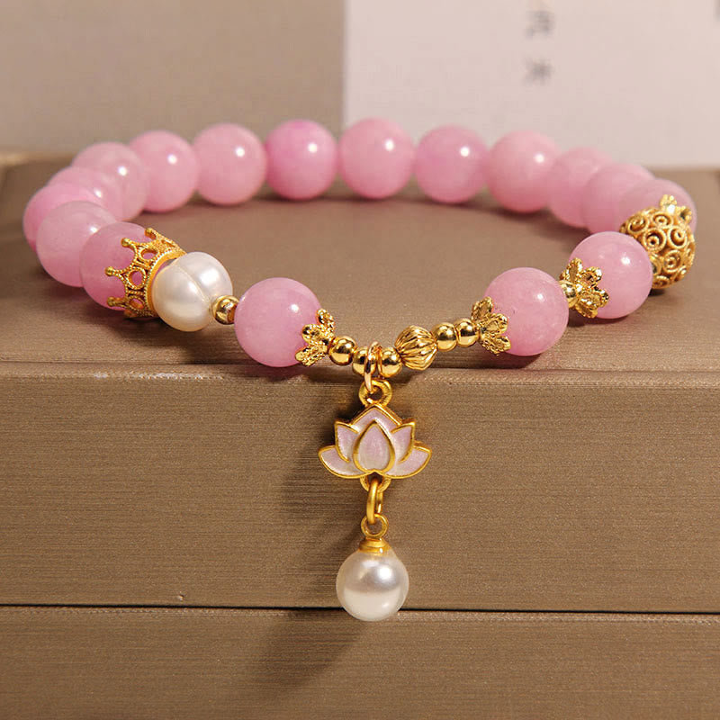 Bracelet à breloques lotus en perles de jade rose authentiques de 8 mm