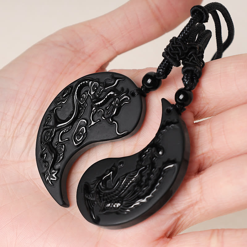 Collier Yin Yang Dragon Phénix en Obsidienne Noire