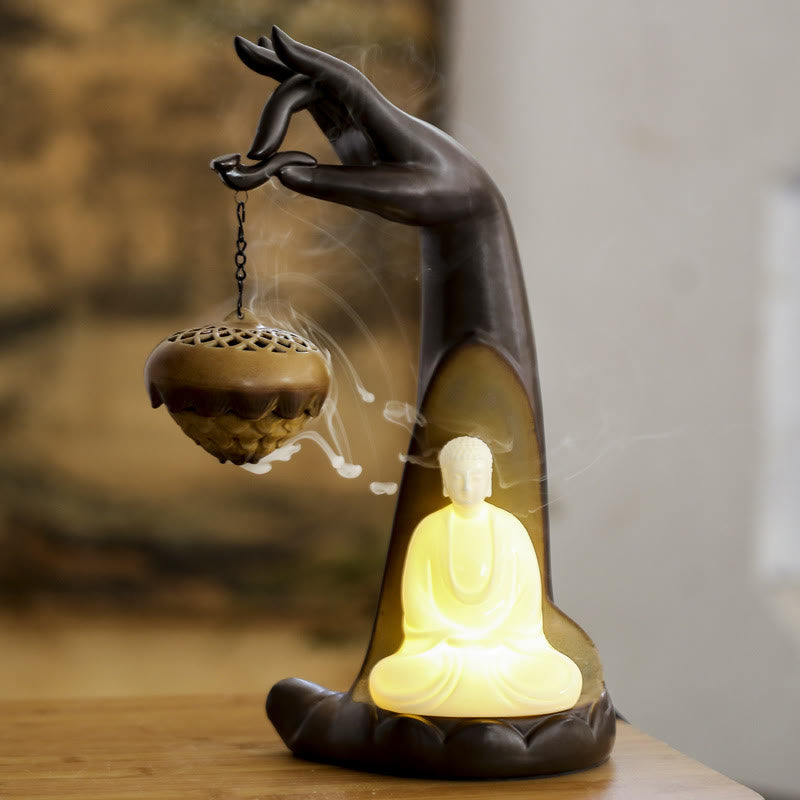 Fontaine à fumée à refoulement LED en forme de main de Bouddha, brûleur d'encens en céramique