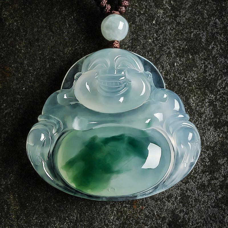 Collier pendentif porte-bonheur en jade cyan avec symbole de Bouddha