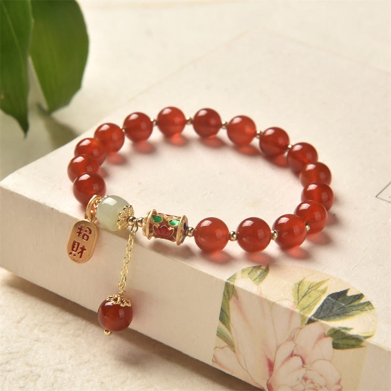 Bracelet à breloques en jade et agate rouge de 9 mm