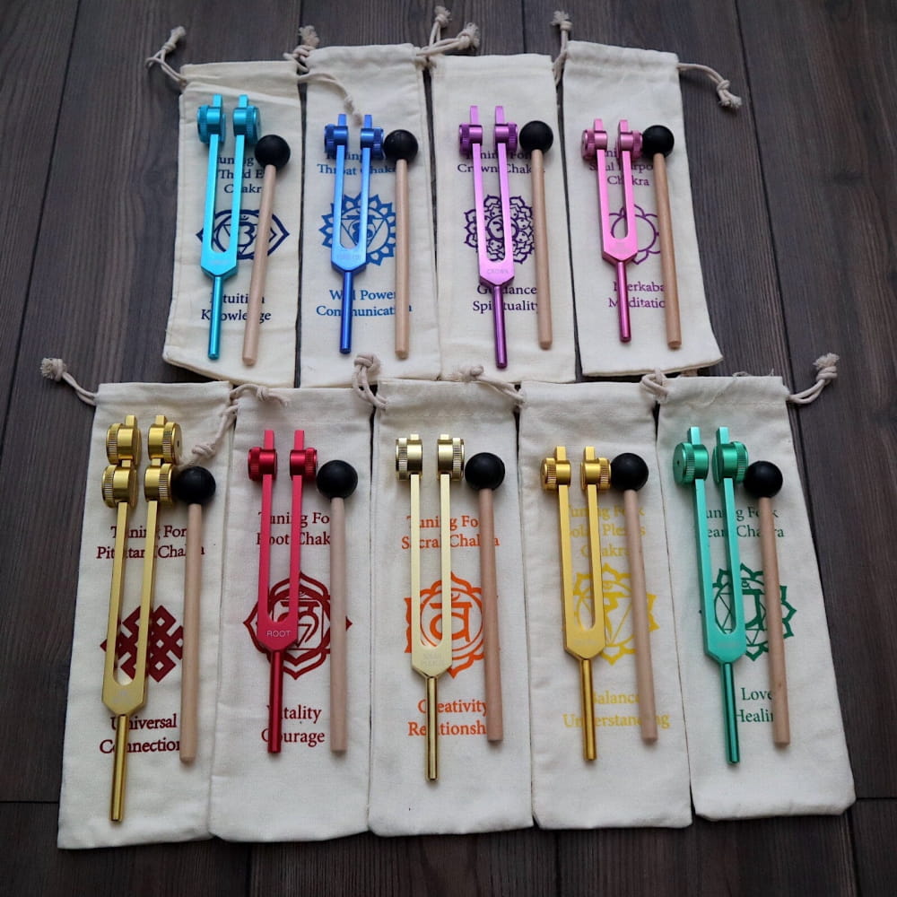 Colorful Tuning Forks with Protective Pouches in 9pc Chakra Tuning Fork Set for Healing
