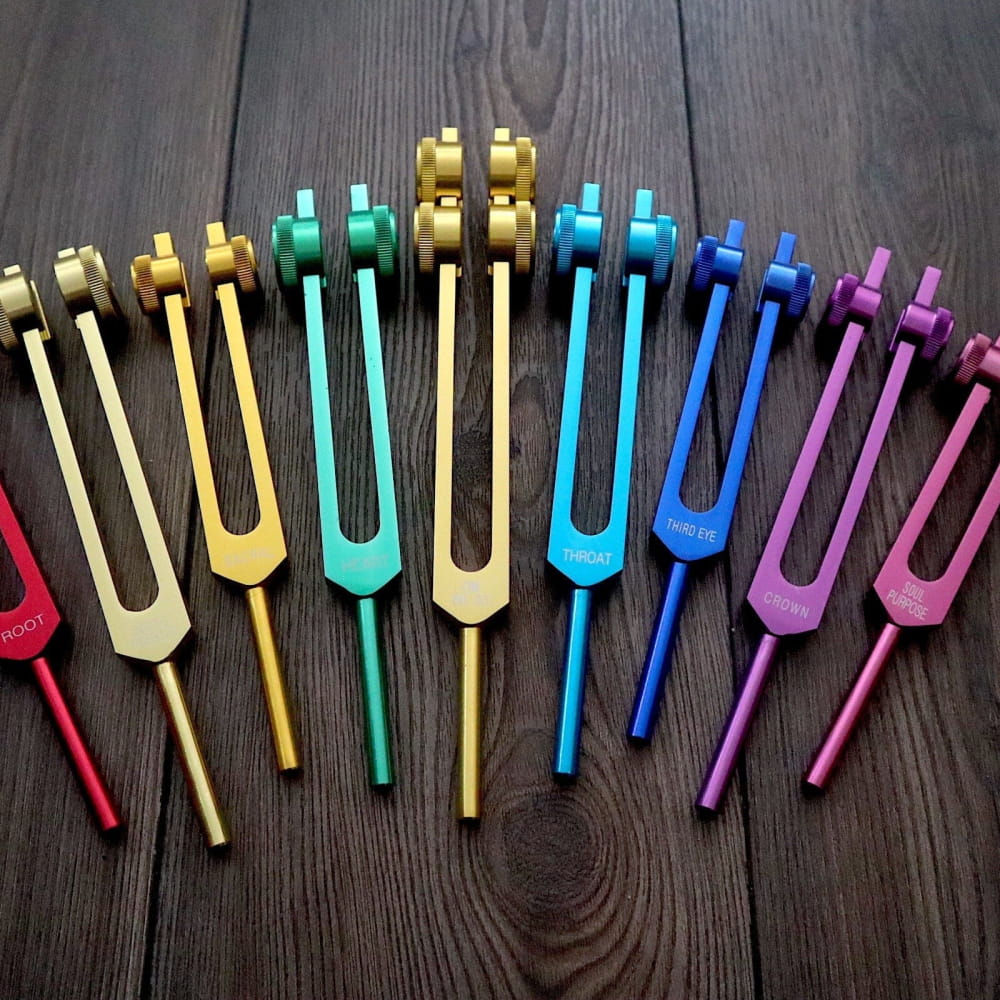 Rainbow-colored tuning forks in a row for 9pc Chakra Tuning Fork Set Healing Therapy