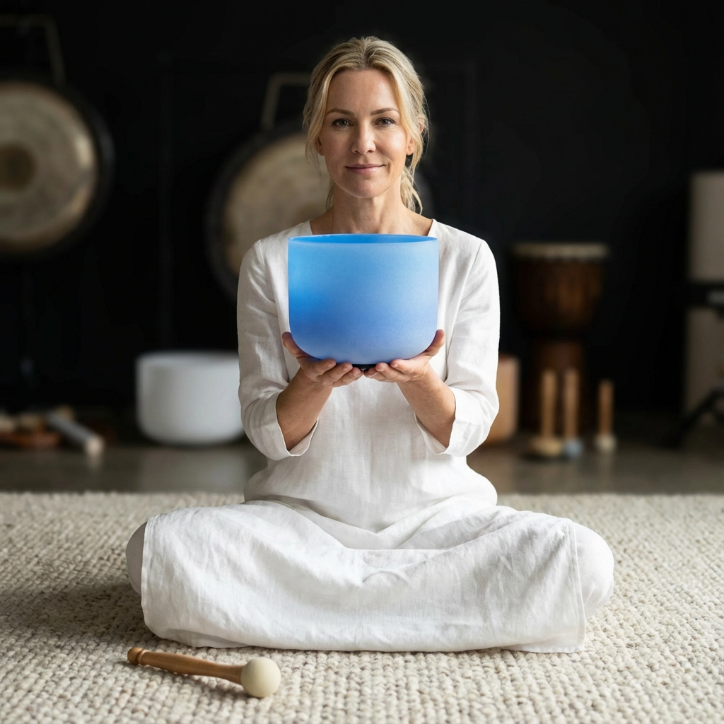 Bol chantant en cristal bleu pour le chakra de la gorge - Note G