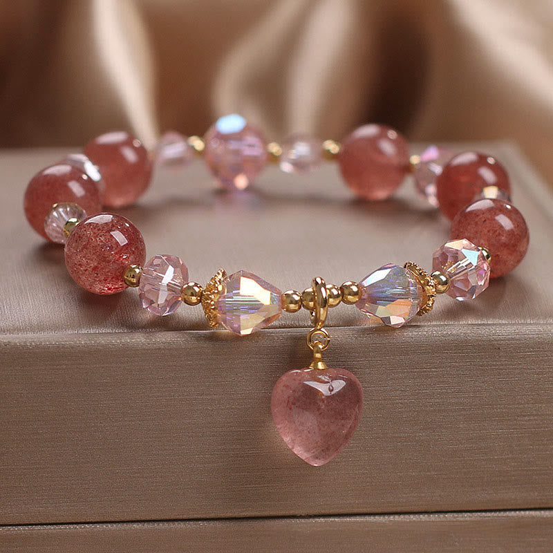 Bracelet de guérison d'amour en quartz fraise, motif cœur