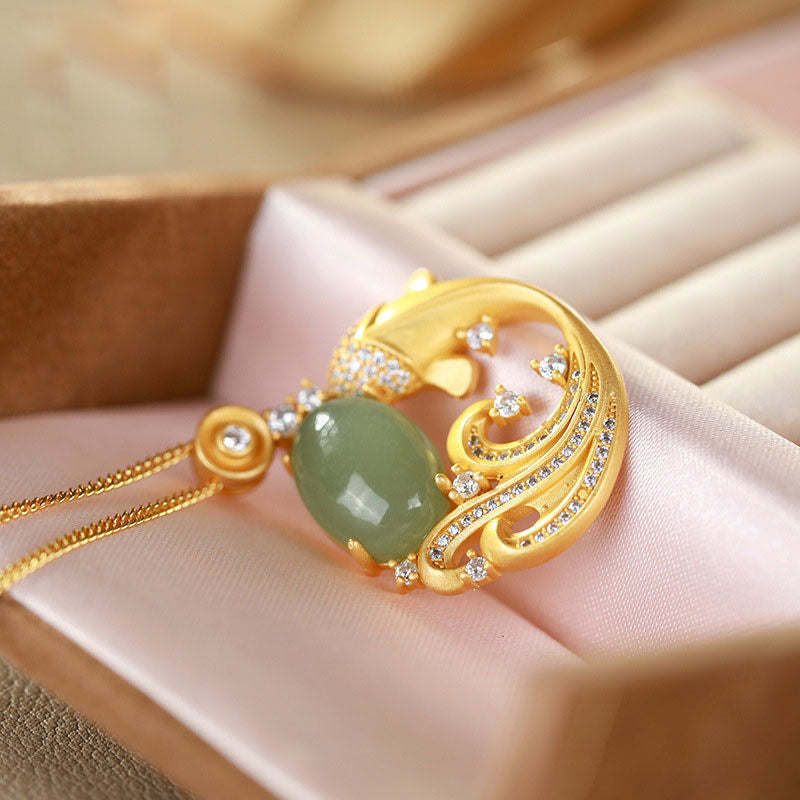 Collier de guérison en jade cyan avec poisson koï 40+5 cm unisexe