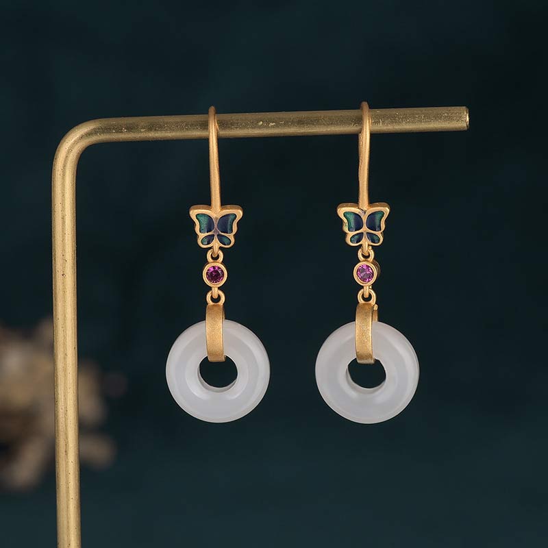Boucles d'oreilles papillon porte-bonheur en jade blanc, 40 mm