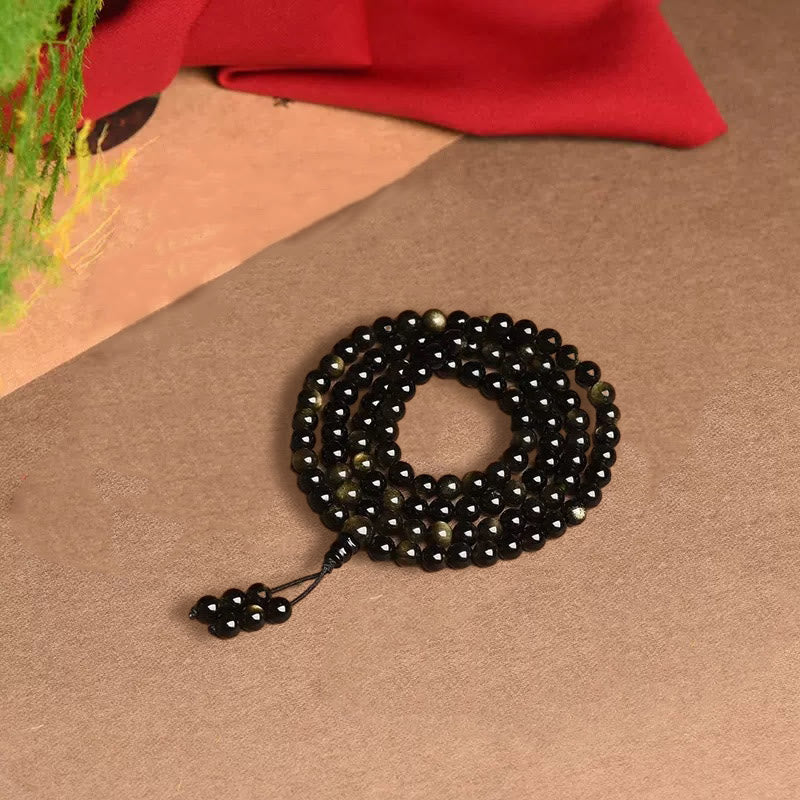 Bracelet Mala Richesse 108 Perles en Obsidienne Dorée