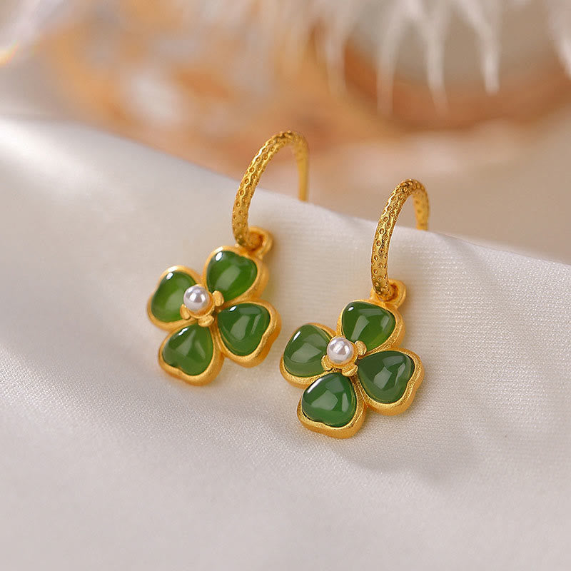 Boucles d'oreilles porte-bonheur en argent sterling 925 et jade cyan, trèfle à quatre feuilles