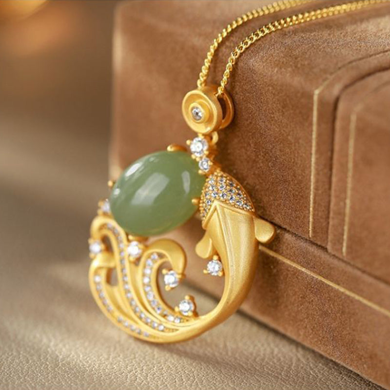Collier de guérison en jade cyan avec poisson koï 40+5 cm unisexe