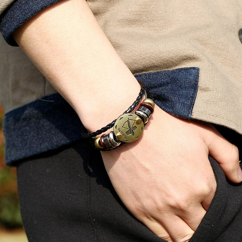 Bracelet à breloques en cuir hématite avec 12 constellations du zodiaque