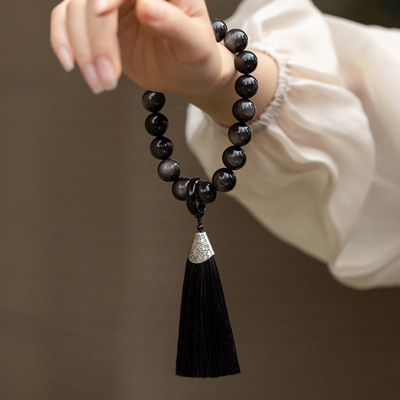 Mala de poignet en obsidienne argentée de 16 mm pour la protection et la sagesse