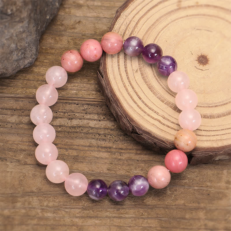 Bracelet Mala en améthyste et quartz rose, 108 perles