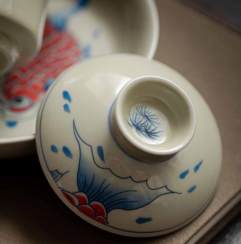 Red Ceramic Koi Fish Gaiwan Teacup 130ml for Tea Rituals