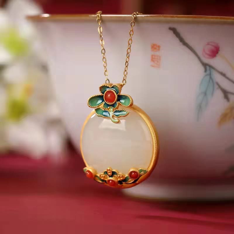 Collier unisexe en jade blanc et agate rouge porte-bonheur