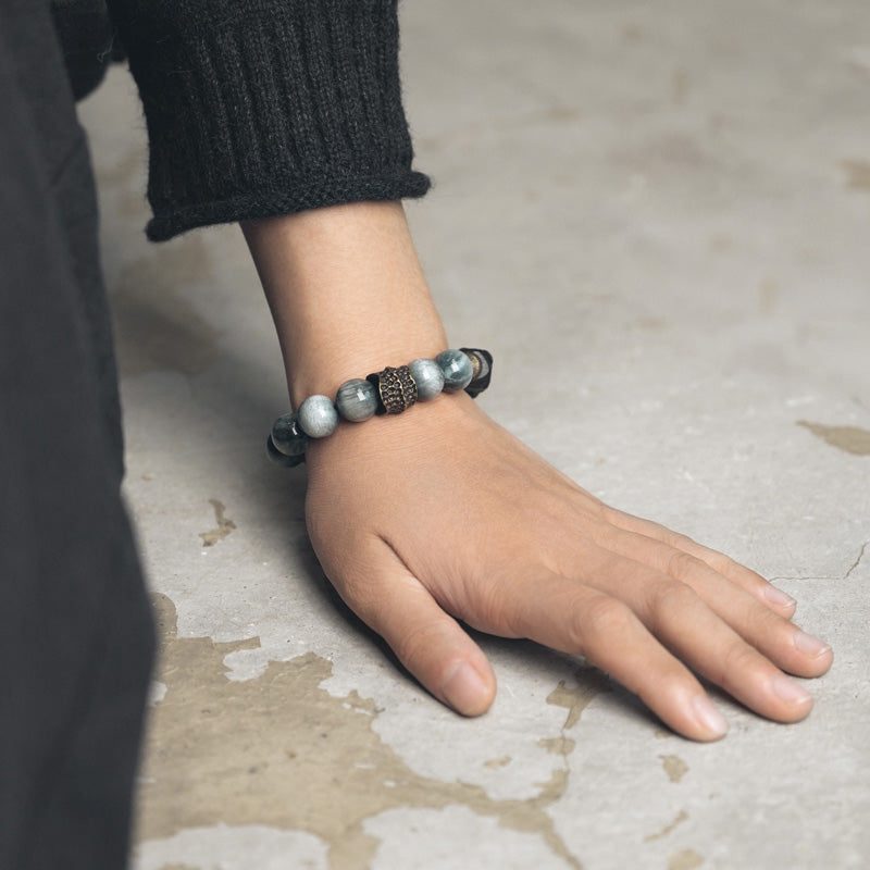 Bracelet couple en pierre œil d'aigle avec bois d'ébène et cuivre