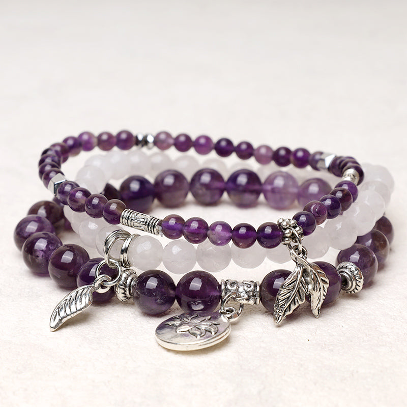 Amethyst Crystal Healing Bracelet with Lotus Symbol | 6-8mm Beads