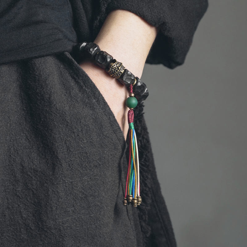 Ebony Wood and Copper Peace Wrist Mala Bracelet 15-18cm