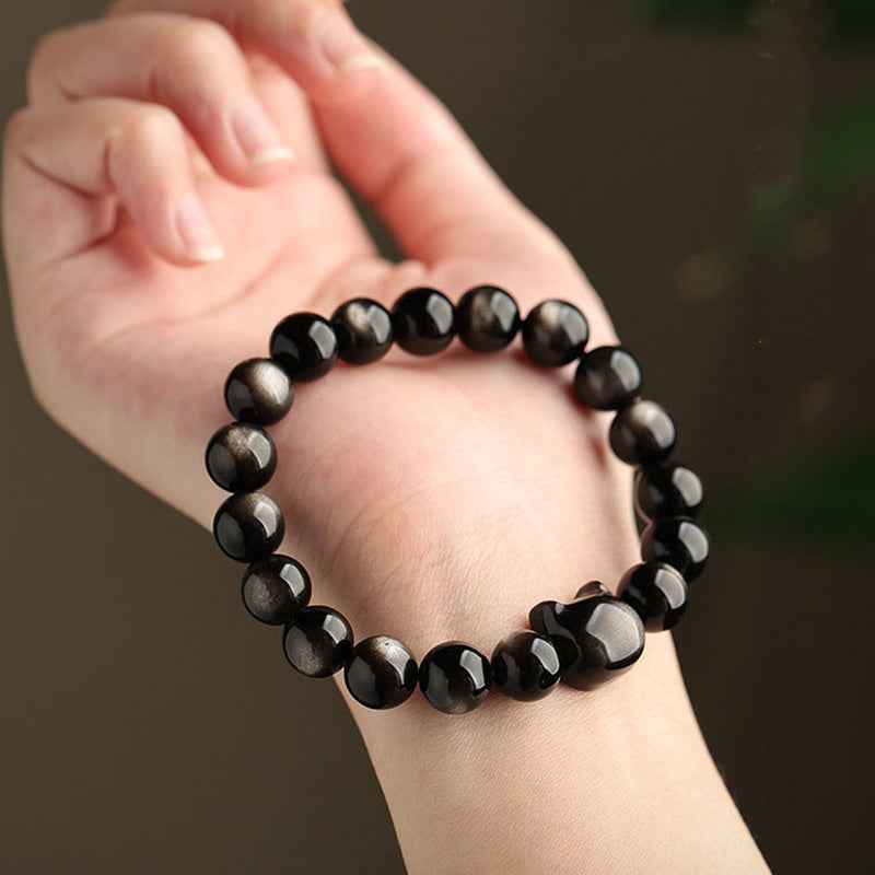 Gold Sheen Obsidian Lucky Cat Protection Bracelet 8mm
