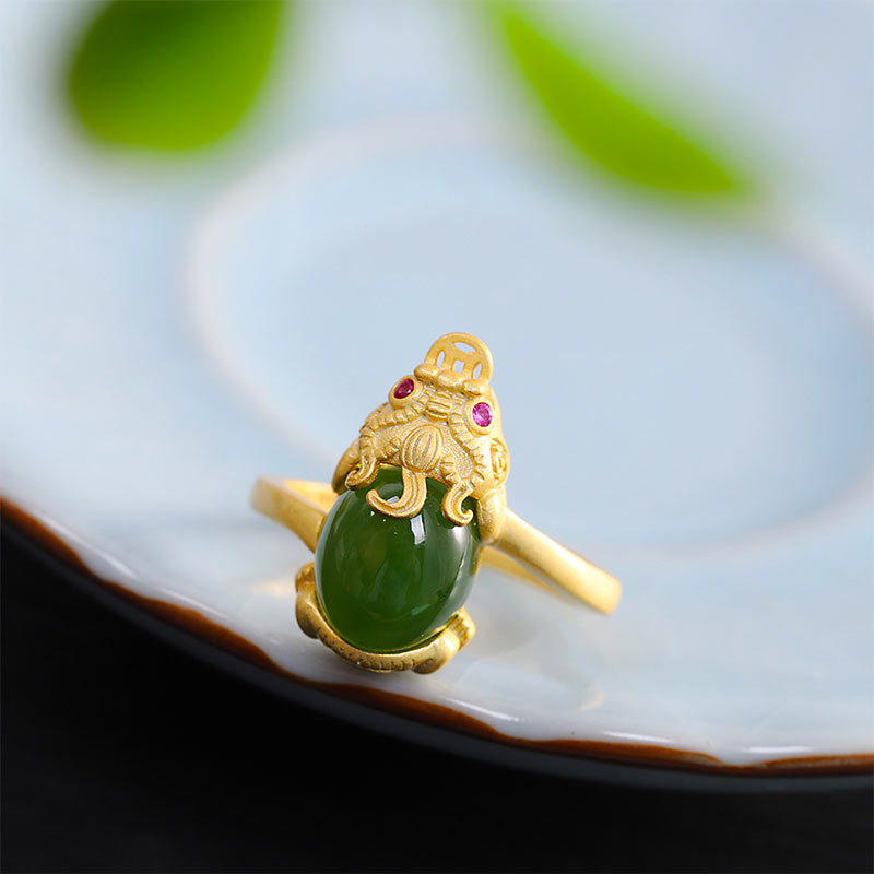 Adjustable 18k Gold Pixiu Jade Ring for Wealth & Luck