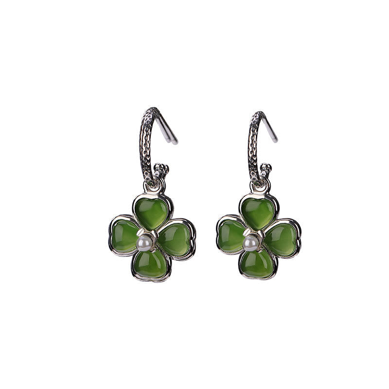 Boucles d'oreilles porte-bonheur en argent sterling 925 et jade cyan, trèfle à quatre feuilles