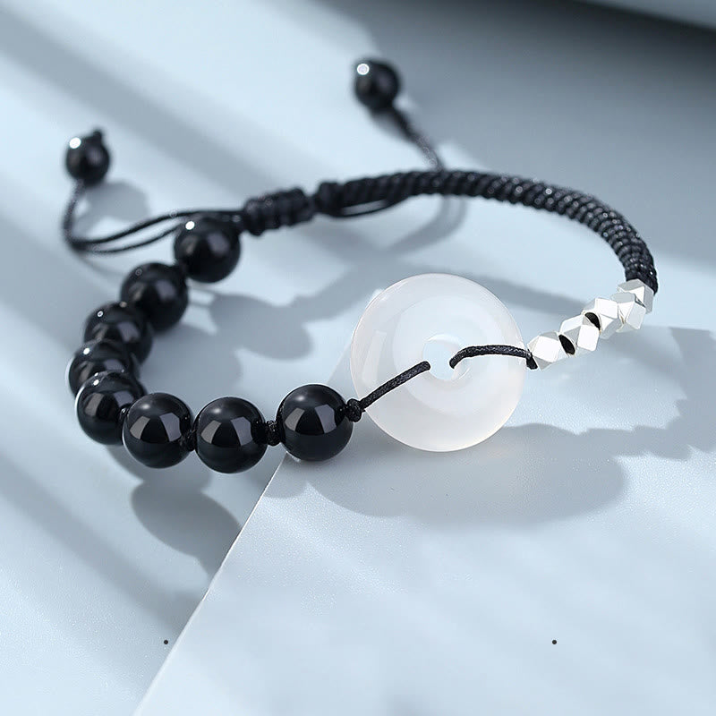 925 Sterling Silver Black Obsidian Peace Buckle Strength Bracelet