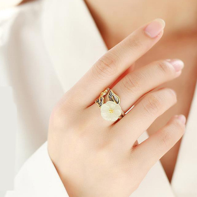 Bague porte-bonheur unisexe en jade blanc avec fleur de prunier en cuivre plaqué argent 925