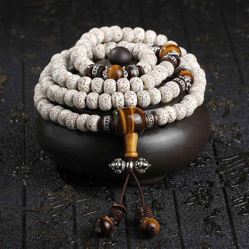 108 Beads Tiger Eye Bodhi Seed Bracelet 7x9mm Peace