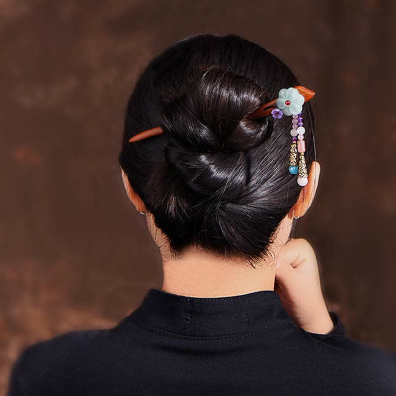 Épingle à cheveux de protection en bois de santal rouge, améthyste et aventurine, style chinois