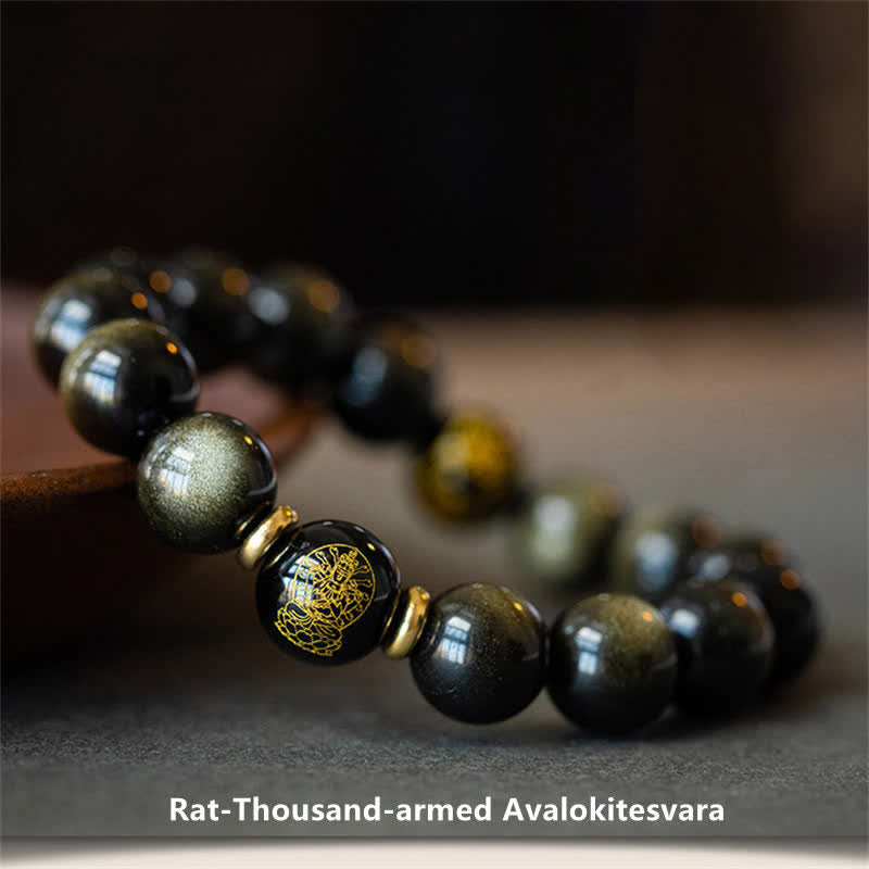 Bracelet de protection du zodiaque chinois en obsidienne dorée brillante 12 mm