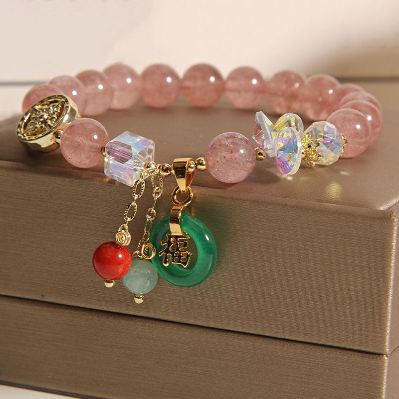 8mm Strawberry Quartz Jade Fu Blessing Healing Bracelet