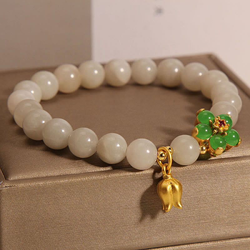 Bracelet fleur porte-bonheur en jade naturel de 8 mm