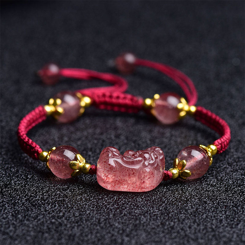 Adjustable Strawberry Quartz Red String Bracelet with Pixiu Charm