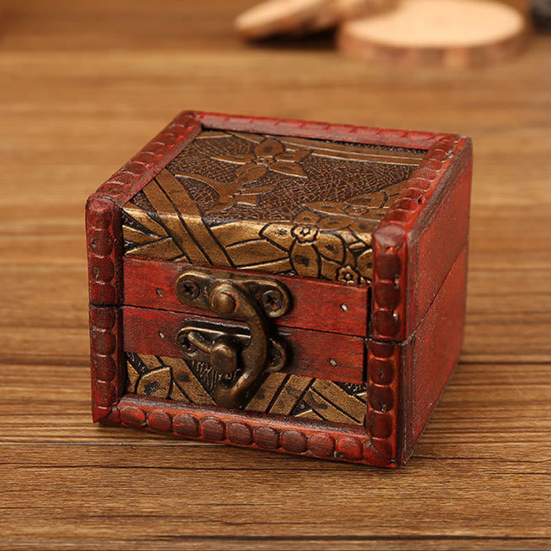 Retro Small Square Wood Jewelry Box with Lotus Design