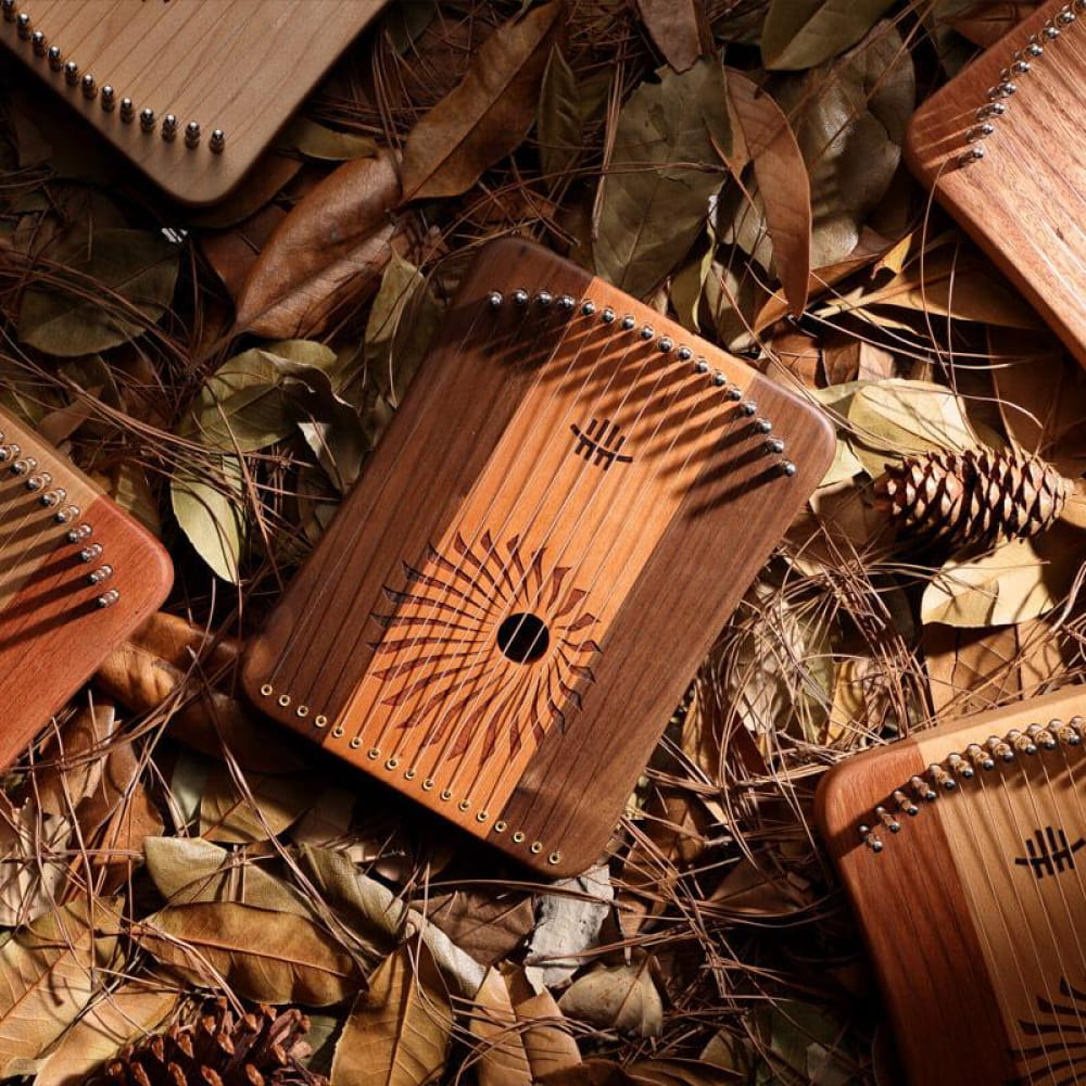 Adjustable 17/31-String Lyre Harp with Wooden Kalimba and Carved Sunburst Design