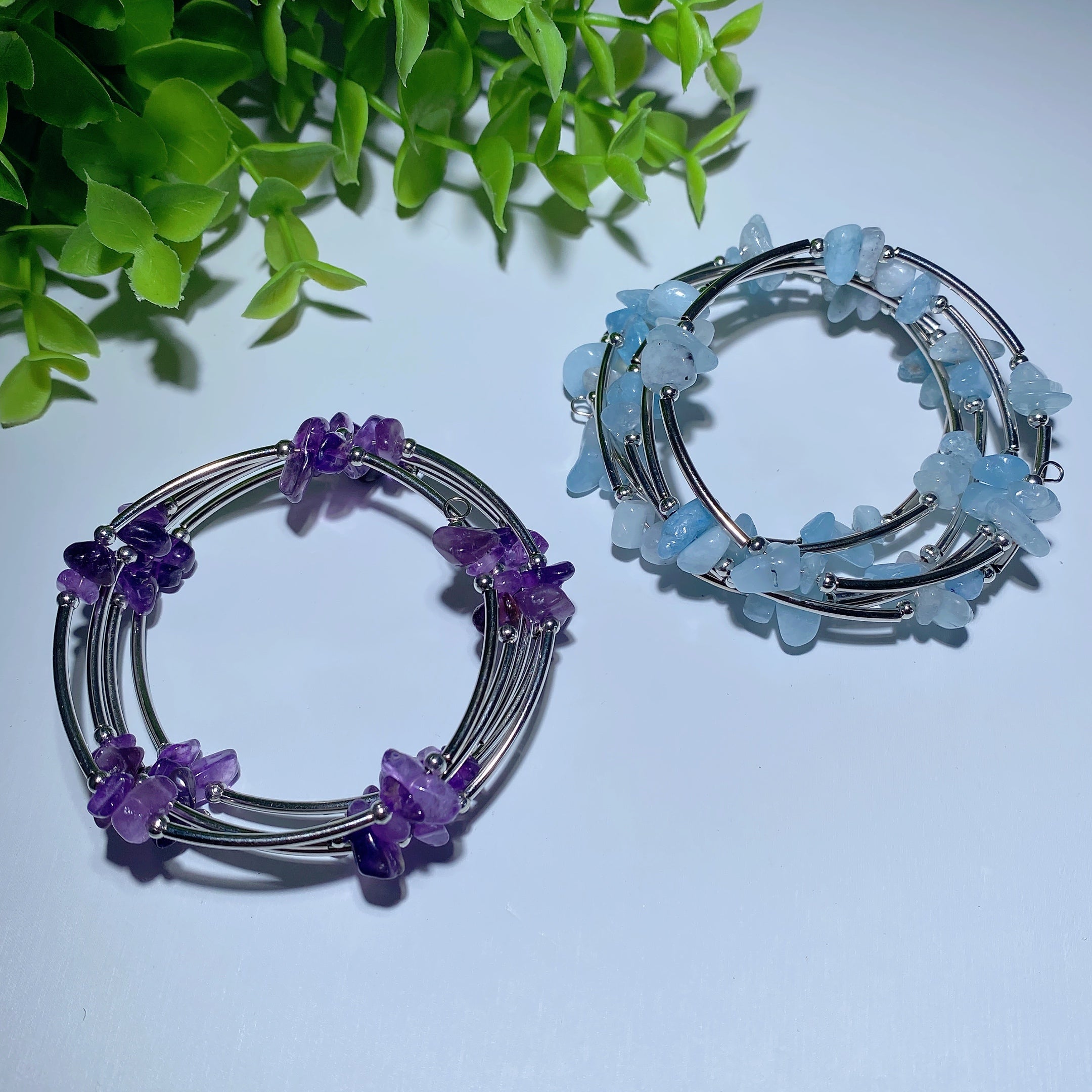 Adjustable Amethyst Chip Healing Bracelet with Aquamarine