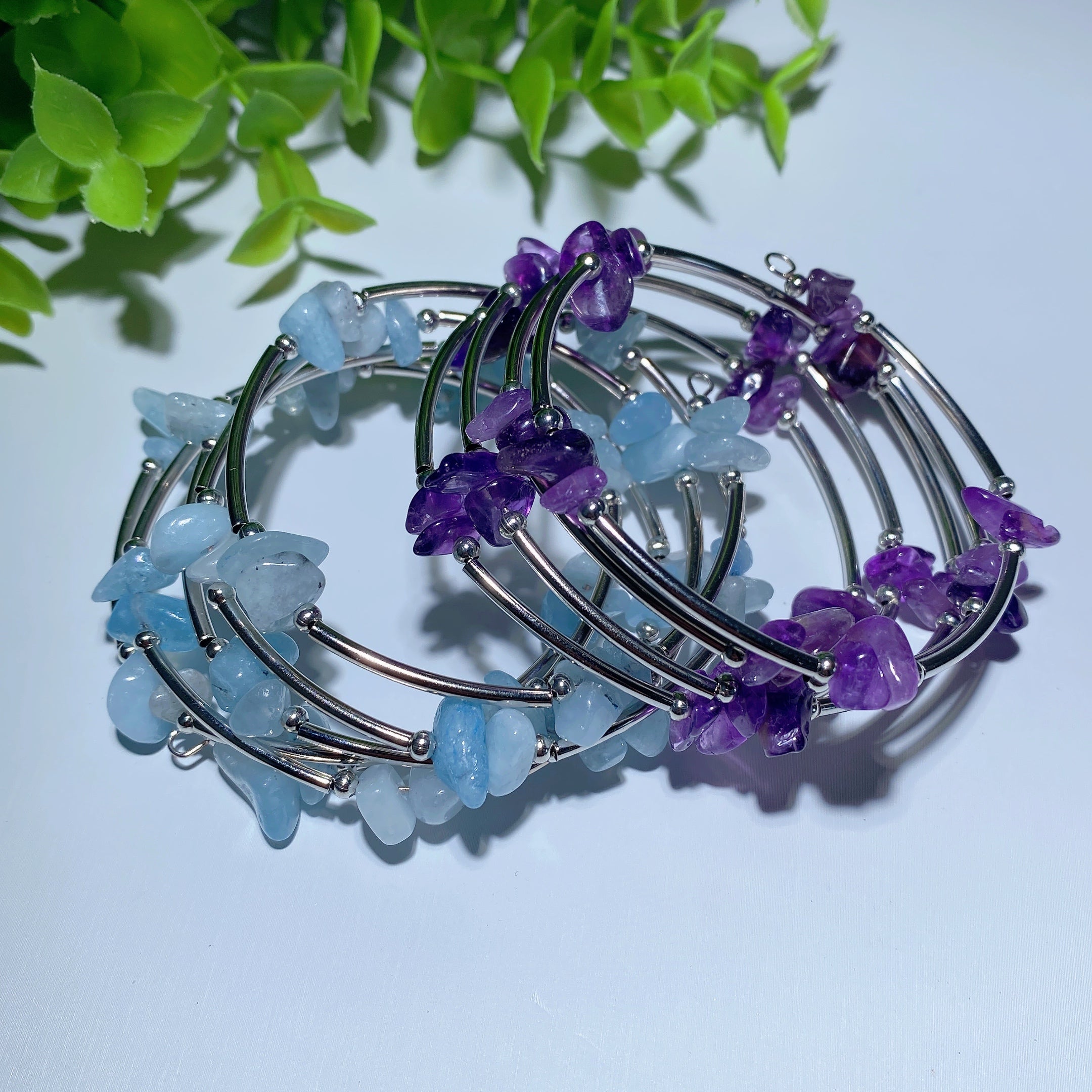 Adjustable Amethyst Chip Healing Bracelet with Aquamarine