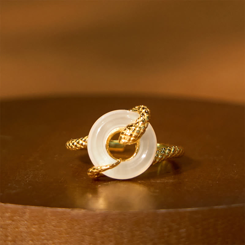 Bague ajustable en argent sterling 925 avec boucle de paix et pierre de calcédoine